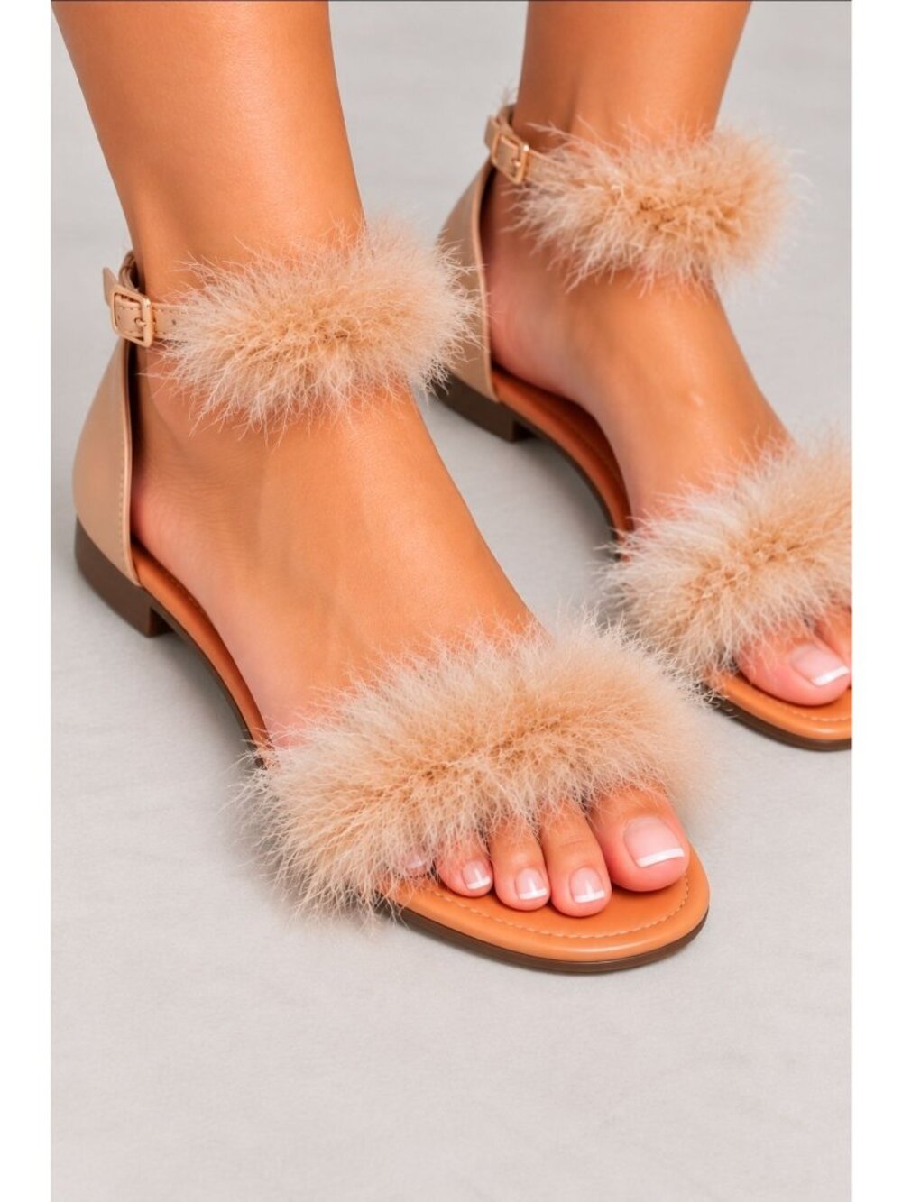 Nude Fluffy Feather Trim Ankle Strap Sandals Square Toe Chic Low Heels